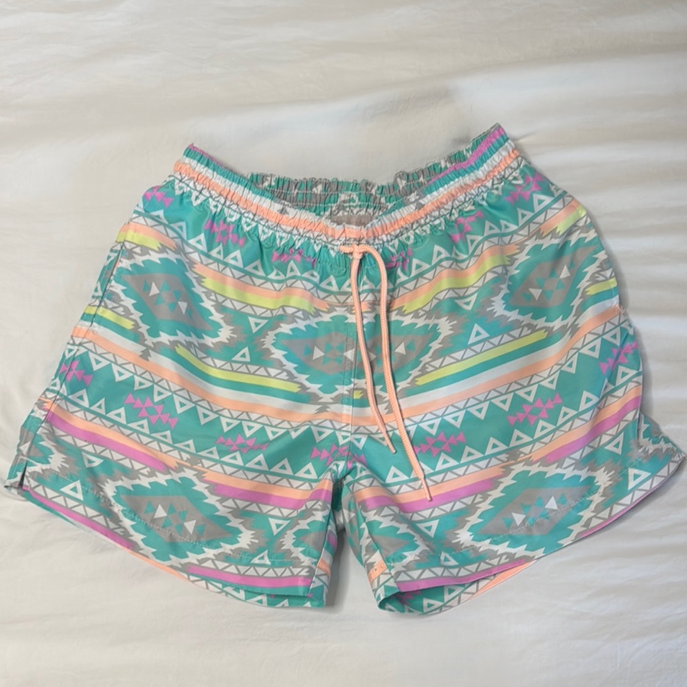 Chubbies Green and Pink Swim Trunks with Geometric Design